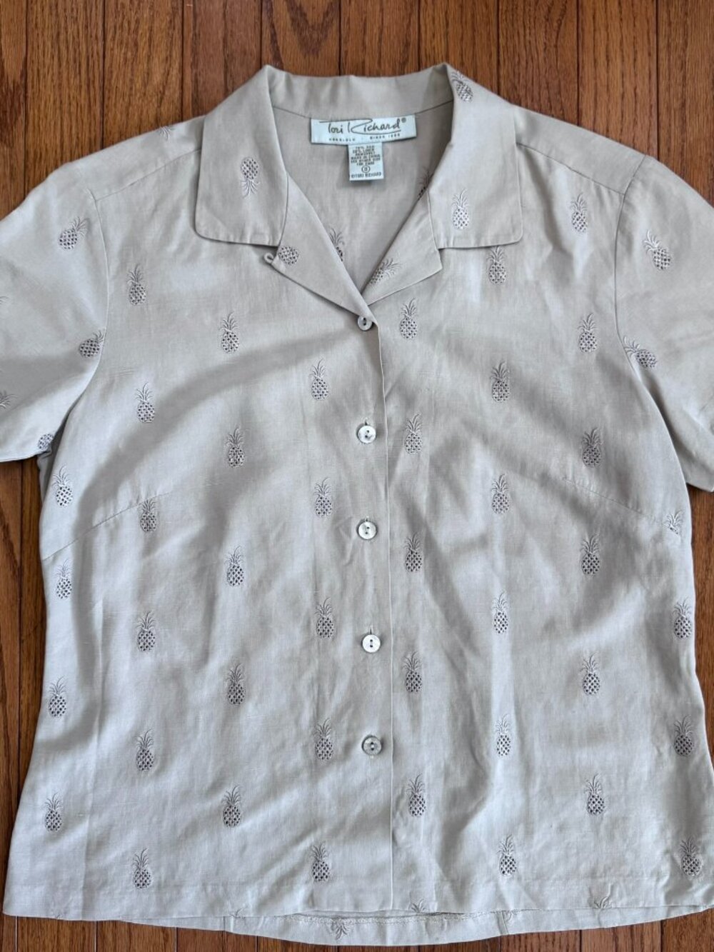 Tori Richard Silk Linen Tan Camp Shirt Pineapple Embroidery Size 8